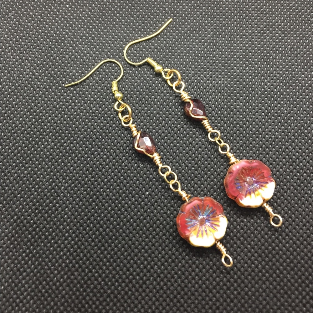 Garnet & Czech glass flower dangle/drop earrings